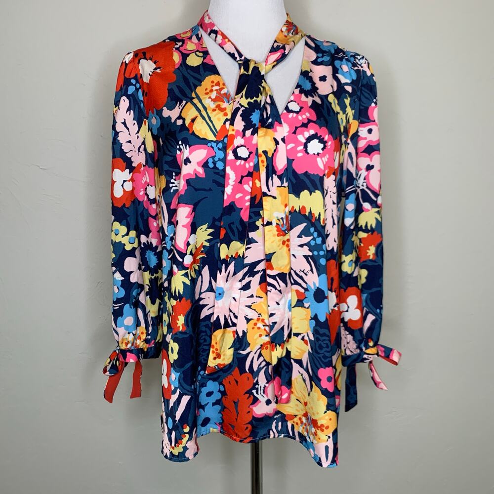 Modcloth Bright Floral Tie Neck Blouse Sz Medium